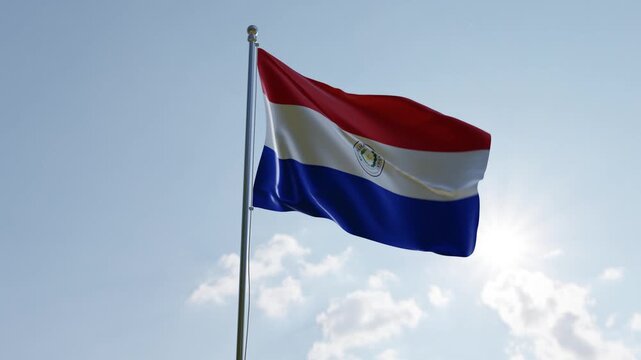 Paraguay National Flag Waving Gently in a Bright Sunny Sky with Sun Rays