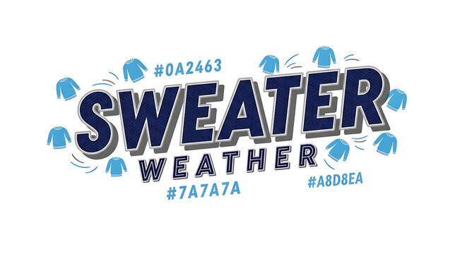 Sweater weather typography with blue knitted sweater and color hex codes on a white background, for fashion and inspiration
