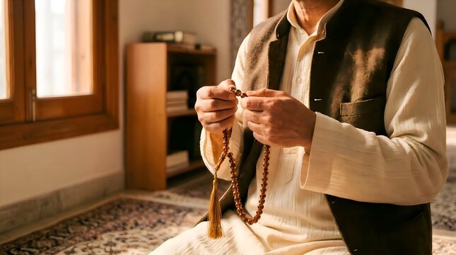 Close Up of Muslim Man Praying and Counting Islamic Tasbih Prayer Beads

