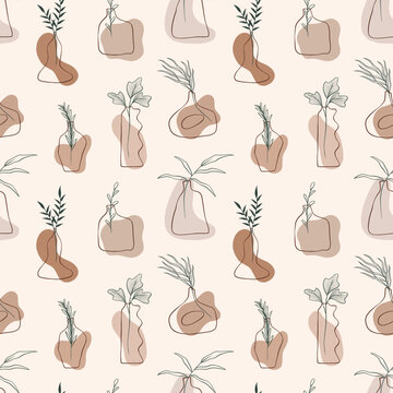Boho minimalistic line art seamless pattern with ceramic vases and botanical leaves, vector art
