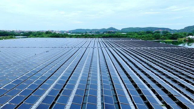 Aerial view of fishery-solar complementary photovoltaic power station on water