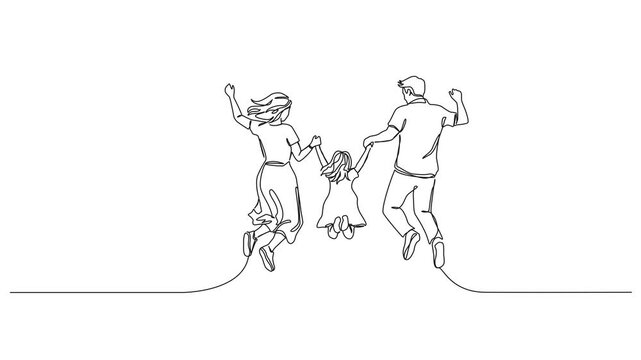 animated continuous line drawing of a happy woman joyfully jumping in the air celebrating success, joyful businesswoman with hands up, freedom, achievement and happiness concept, line art animation