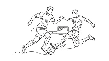 Obraz premium Continuous line drawing of two soccer players competing for the ball.