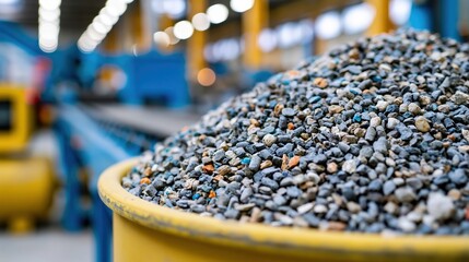 Fototapeta premium Plastic recycling machinery processing flakes into pellets in modern factory