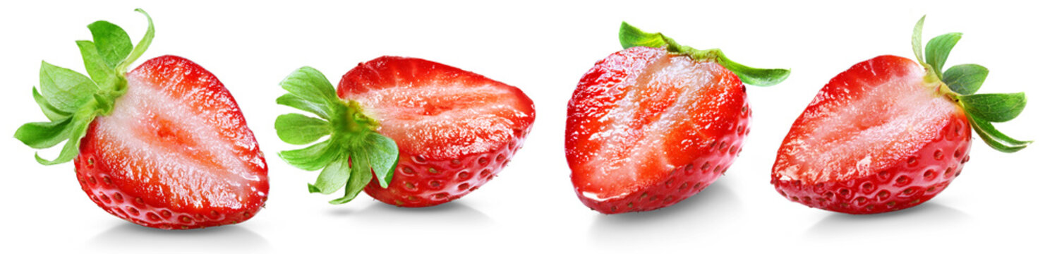 Set of juicy sliced strawberries isolated on transparent background.