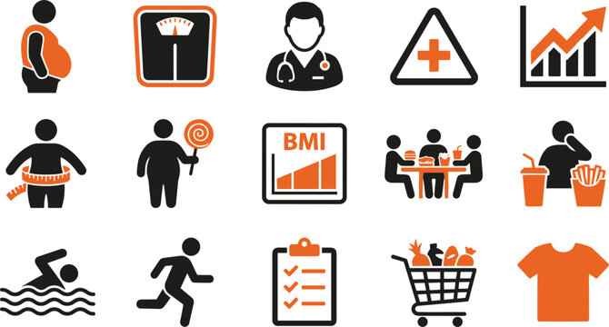 Obesity and weight loss vector icon set with BMI chart fitness activity and unhealthy lifestyle symbols