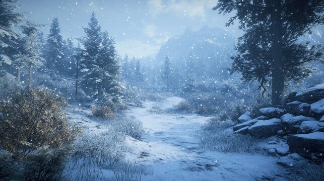 Serene winter forest path snow covered landscape nature scene