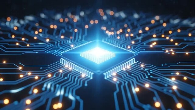 Glowing central processing unit on blue digital circuit board with data flow