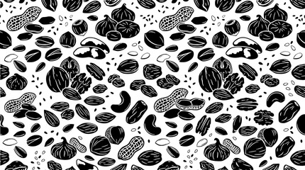 Fototapeta premium : Black Nuts Seeds and Dried Fruits Seamless Pattern Vector for Organic Food Packaging