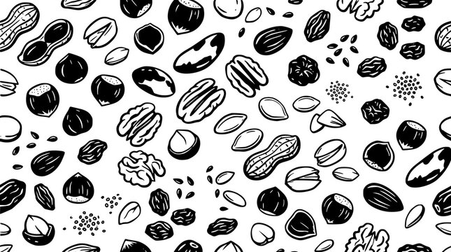 :
Minimal Black Mixed Nuts and Seeds Seamless Pattern Vector with Dried Fruit Elements