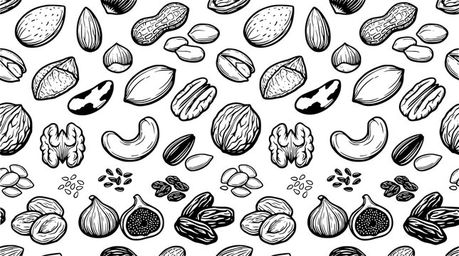 :
Monochrome Nut Seed and Dried Fruit Seamless Pattern Vector for Food Packaging Design