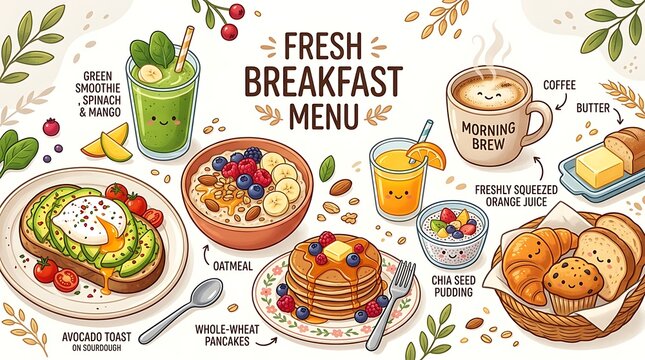 Hand drawn illustration of a fresh breakfast menu featuring avocado toast oatmeal pancakes coffee and juice drinks