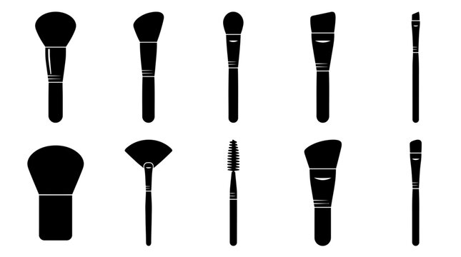Professional Makeup Brush Vector Icon Set Featuring Various Cosmetic Application Tools And Beauty Accessories For Salon Stylists And Makeup Artists