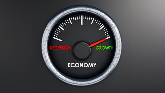 Speed meter indicates economic growth. 3D illustration