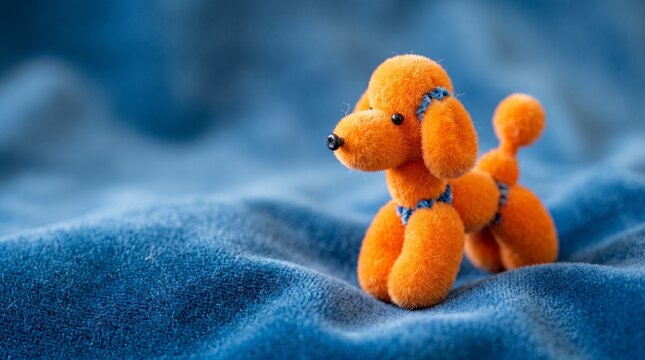  A fluffy, bright orange balloon animal shaped like a poodle resting on a soft blue velvet surface, macro photography, hyper-realistic textures, vibrant colors, minimalist composition, playful 