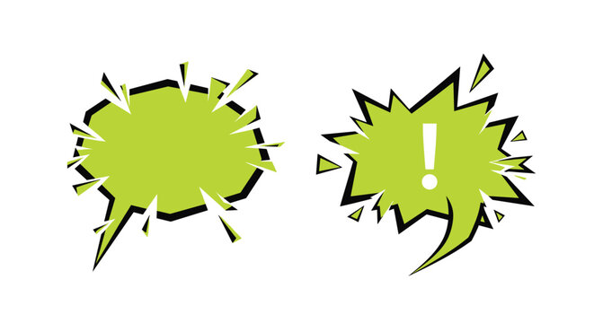 Set of two spiky comic book text bubbles in bright green color isolated on a plain white background.