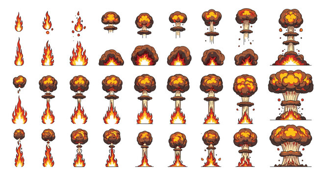 Retro pixel art collection of bright fire flames and mushroom cloud nuclear explosion effects on white background.