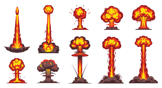 Diverse collection of various cartoon nuclear explosions and fire mushroom clouds isolated on a white background.