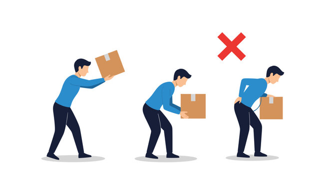 Ergonomics diagram with red cross sign demonstrating various bad posture habits while lifting cardboard boxes.
