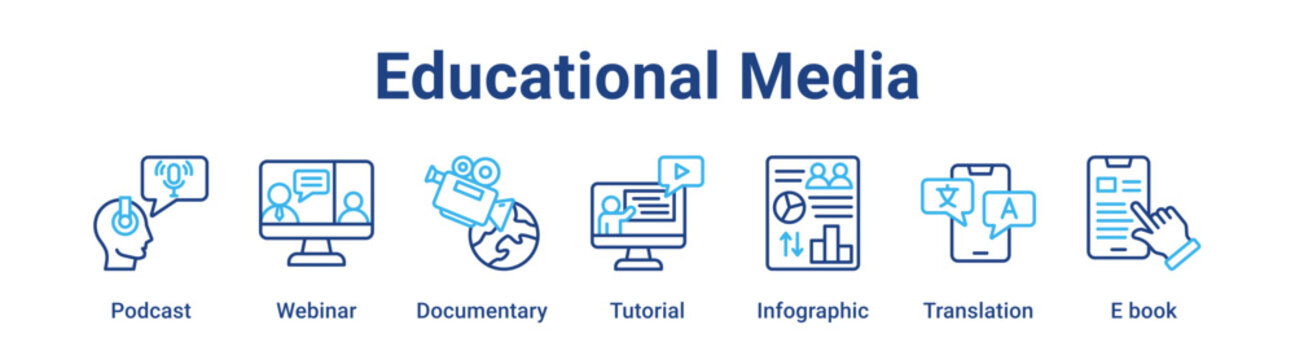 Educational Media web banner icon vector illustration concept for education with icon of Podcast, Webinar, Documentary, Tutorial, Infographic, Translation.