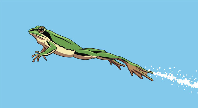 Sprightly green tree frog leaping dynamically in the air leaving a white splash trail behind on light blue backdrop.