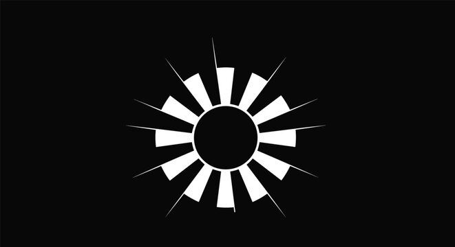 Abstract geometric white sun emblem with sharp symmetric rays on a solid black background creating high contrast.
