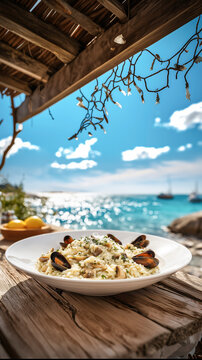 Seafood pasta served on seaside table with turquoise water view, Mediterranean restaurant lunch and summer travel stock photo for marketing, blogs and social media design