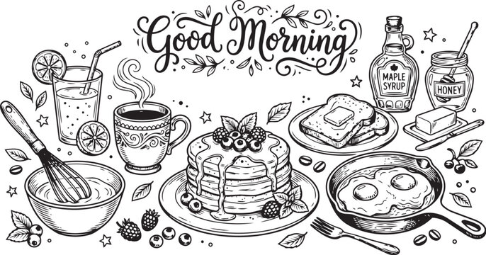 AdobeGood Morning Breakfast Doodle Vector Set with Pancakes and Coffee Illustrator Artwork