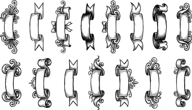 Vintage vertical ribbon scroll banner vector set with baroque engraving flourish details for heraldic design