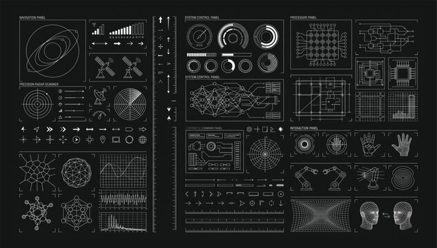 High-tech hud interface dashboard set with head silhouettes and data monitors interface dashboard silhouette technology elements graphics futuristic information scientific analytical