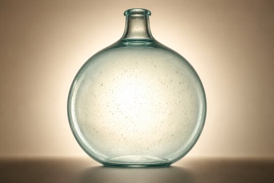 Glass demijohn with circular contour and bubble textures, backlight glow in studio setting.