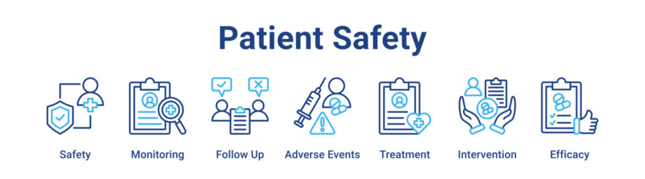 Patient Safety web banner icon vector illustration concept for education with icon of Safety, Monitoring, Follow Up, Adverse Events, Treatment.