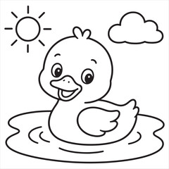 Fototapeta premium Cute Duckling Floating on Water in a Coloring Page Style