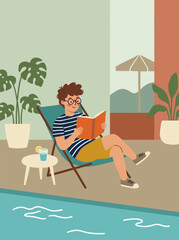 Fototapeta premium Man reading book by swimming pool during peaceful summer vacation