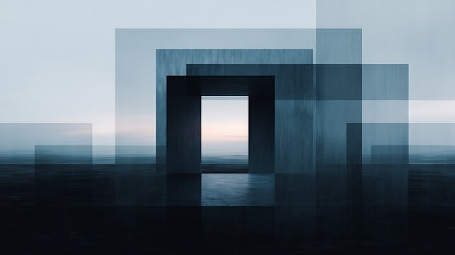 Abstract geometric structures with transparent overlapping rectangles frame a distant horizon over a calm, dark landscape at dawn or dusk.