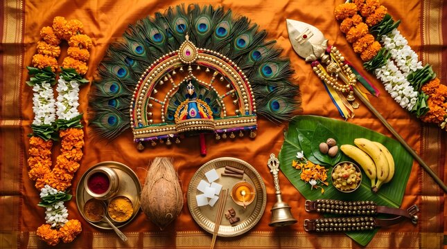 Thaipusam Festival Kavadi Attam Devotee Colorful Peacock Kavadi Flat Lay Tamil Nadu thai style painting