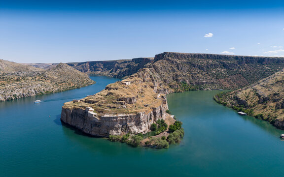 Aerial View of Rumkale Historic Fortress Surrounded by the Euphrates River in Gaziantep, Turkey