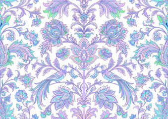Fototapeta premium Vintage damask seamless pattern with two birds, blooming flowers, curling branches and leaves, hand drawn vector illustration for wallpaper, textile and packaging design. 