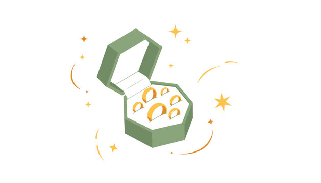 Elegant golden rings resting inside a stylish hexagonal green jewelry box surrounded by sparkling stars for a luxury wedding presentation.
