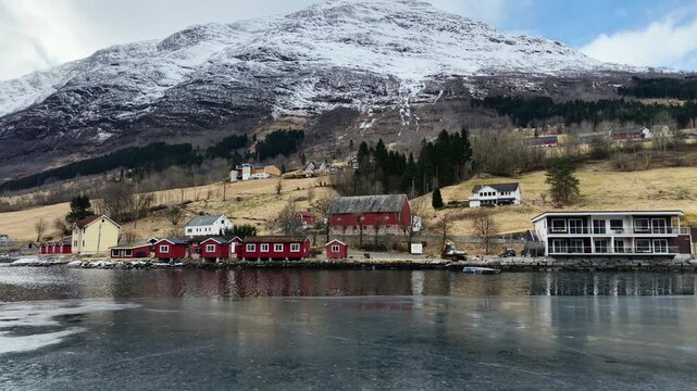 Aerial view of Nordfjord near Stryn and Loen in early spring, Norway.