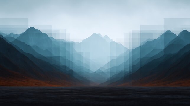 A surreal digital art piece features layered mountain ranges fading into mist above a dark body of water, creating a dreamlike and atmospheric landscape.