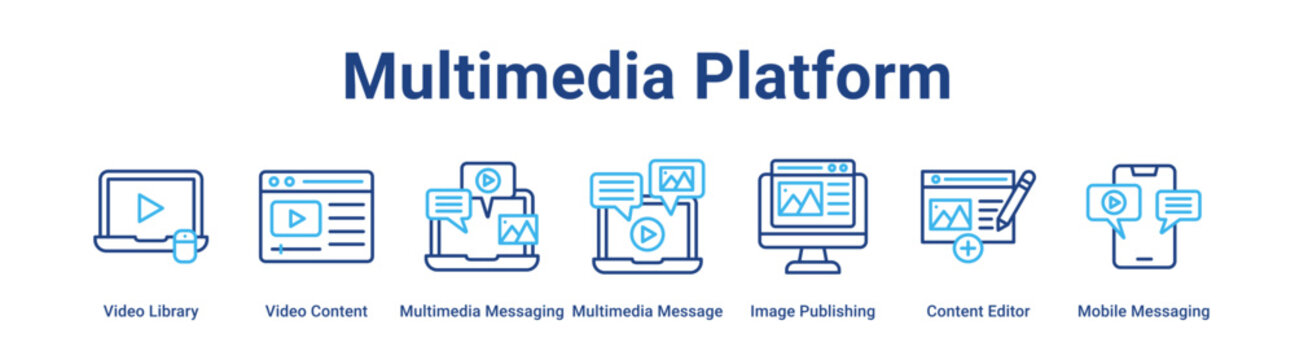 Multimedia Platform web banner icon vector illustration concept for business with icon of Video Library, Video Content, Multimedia Messaging, Multimedia Message, Image Publishing, Content Editor,.