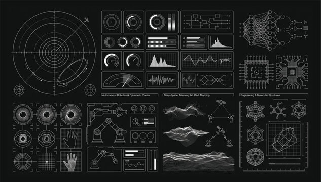 Set of futuristic technology hud elements with robotic arm diagrams and analytical data charts technology interface futuristic analysis dashboard software information hologram elements
