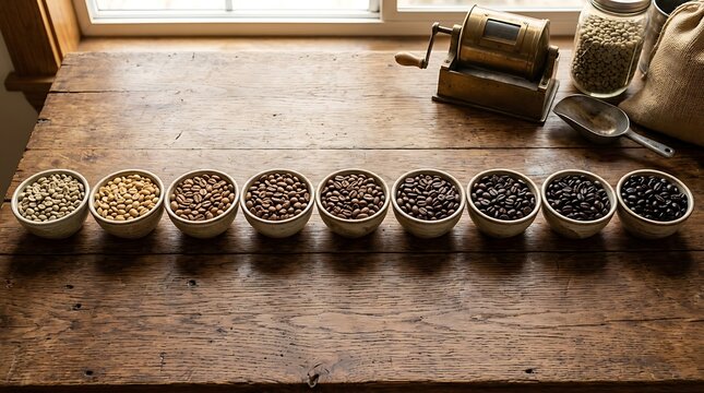 Fresh coffee beans in small bowls showing different roasting levels on a rustic wooden table surface. roasting guide template