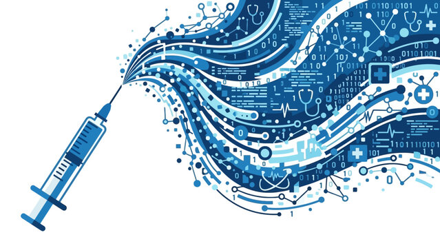Medical syringe vector injecting abstract digital data stream and healthcare icons