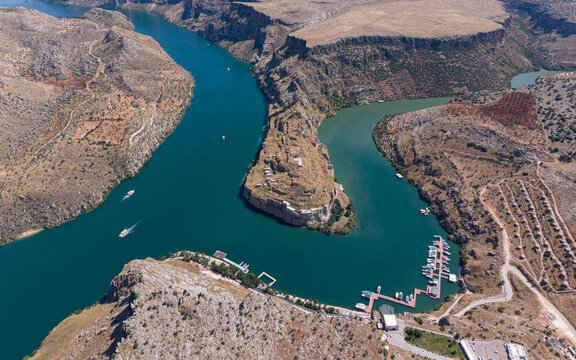 Aerial View of Rumkale Historic Fortress Surrounded by the Euphrates River in Gaziantep, Turkey