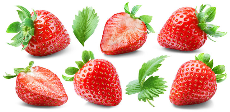 Set of juicy bright strawberries, some sliced, and strawberry leaf isolated on transparent background.
