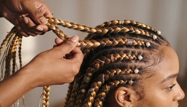 Black woman with braids getting hair braided beside mirror with detailed cornrow pattern view
