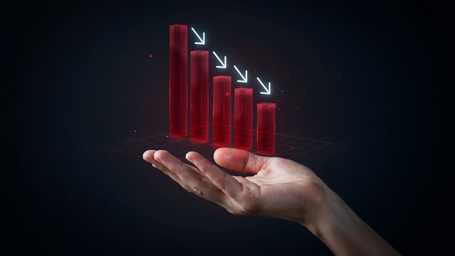 Human hand holding a glowing red bar chart showing a downward trend with decreasing value arrows