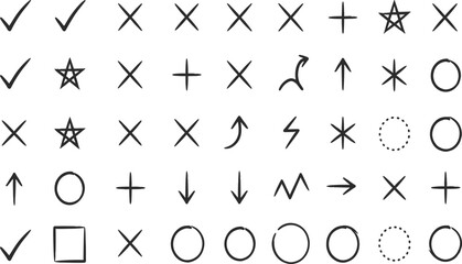 Hand drawn check marks crosses arrows stars circles doodle icon set isolated on white background marker pencil sketch vector illustration © SUMAIYA